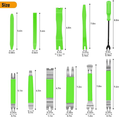 GOOACC 11 PCS Trim Removal Tool Kit, Metal Pry Tool Auto Fastener Remover Pry Bar Set Car Door Panel Removal Tool Dashboard Repair Kit Green