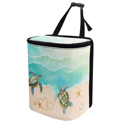 Talayituse Turtle Starfish Seashell Heart Beach Print Car Trash Bin, Large Size Auto Trash Can Adjustable Portable Garbage Can with Lid, Vehicle Hanging Bag for Headrest Front Back Seat