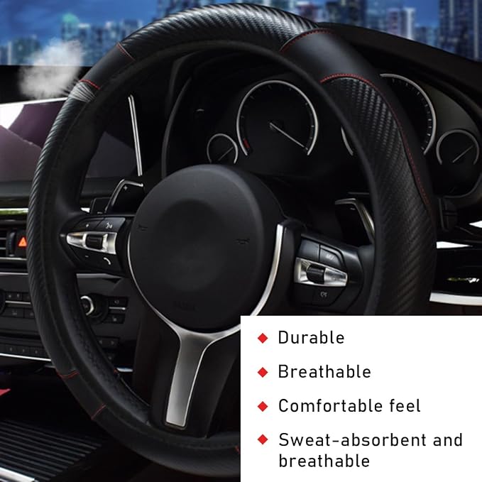 povtii Car Steering Wheel Cover, 15 Inch Leather Breathable Auto Steering Wheel Protector, Comfortable Non-Slip Vehicle Steering Wheel Covers, Universal Interior Car Accessories (Black)
