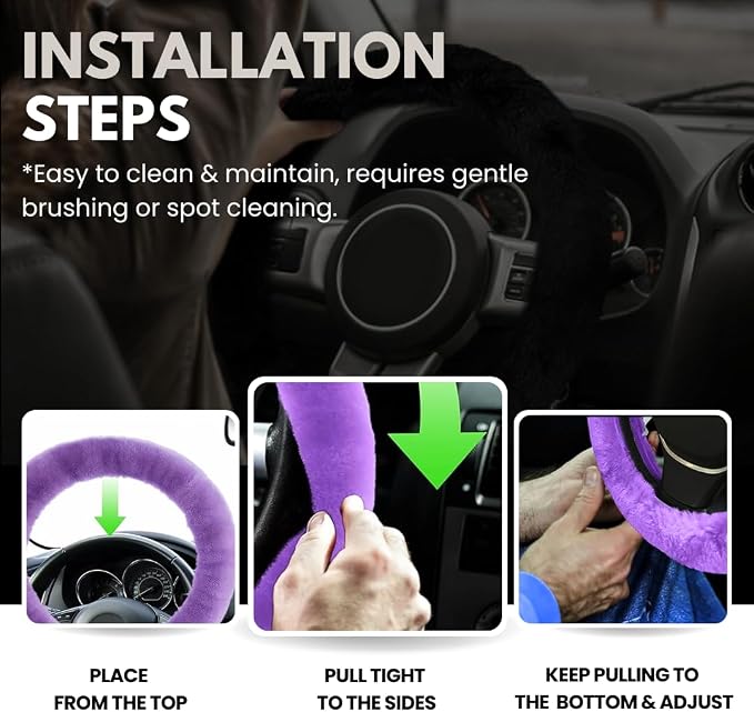 Andalus Brands Luxury Fluffy Car Steering Wheel Covers – Genuine Merino Sheepskin, Soft Fuzzy Car Steering Wheel Cover for Women, Universal 14.5-15" Size, Plush Fur Cute Auto Accessories, Purple