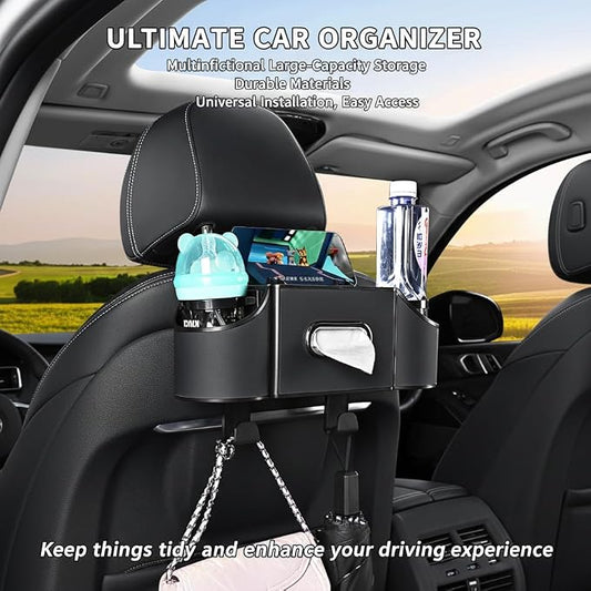 Backseat Car Organizer, 4-in-1 Car Organizer Back Seat with Cup Holder & Tissue Box, Multi-Pocket Car Back Seat Organizer for Phone, Drinks, Travel & Daily Use (Black)