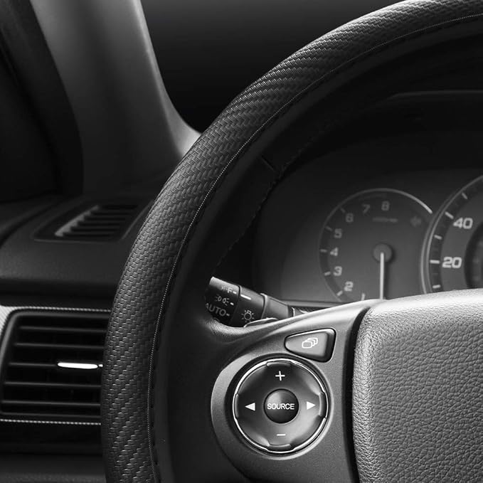 BDK UltraSport Series Steering Wheel Cover-Synthetic Leather Perforated Design & Stitching, All Black Carbon Fiber
