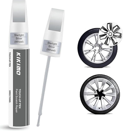 KIKIMO Starlight Silver Rim Touch Up Paint for Tesla Model 3 19'' Sport Wheel/Model Y 19'' Gemini Wheel, 2 In 1 Wheel Scratches Repair with Pen Tip and Brush, Color-Matched for Quick & Easy Fix