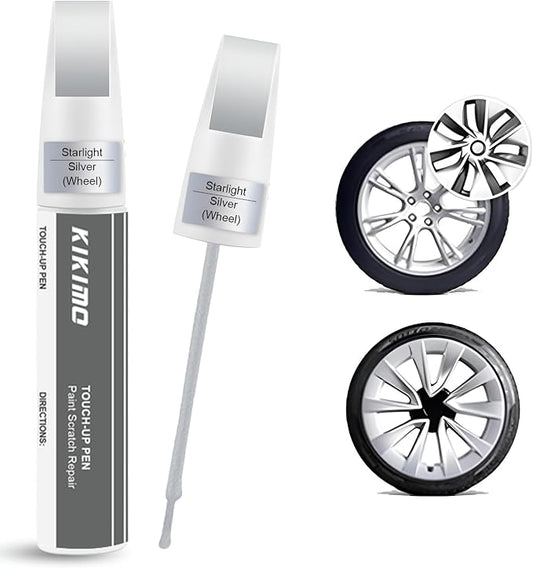 KIKIMO Starlight Silver Rim Touch Up Paint for Tesla Model 3 19'' Sport Wheel/Model Y 19'' Gemini Wheel, 2 In 1 Wheel Scratches Repair with Pen Tip and Brush, Color-Matched for Quick & Easy Fix