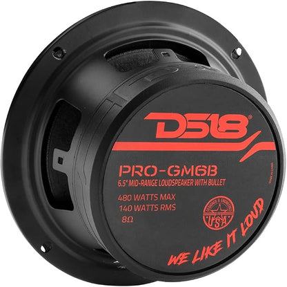 DS18 PRO-GM6B Loudspeaker - 6.5", Midrange, Red Aluminum Bullet, 480W Max, 140W RMS, 8 Ohms - Premium Quality Audio Door Speakers for Car or Truck Stereo Sound System (1 Speaker)