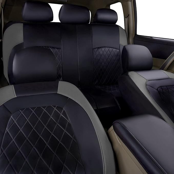 Universal Deluxe Pu Luxury Vinyl Faux Leather Car Seat Covers Full Set, Airbag Compatible, Breathable, Fit for Most Sedans, Vans, SUVs (Black and Gray)