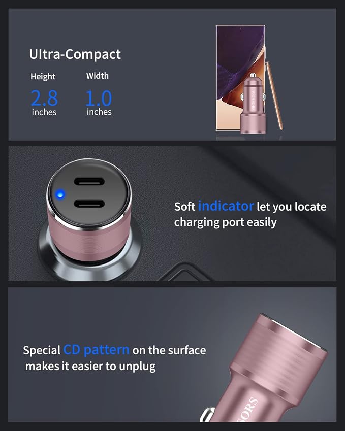 Pink Dual 45W USB C Car Charger, 90W Max Super Fast Charging, All Metal 12V Cigarette Lighter Adapter for iPhone 17 Pro Max/16/15/iPad, Samsung Galaxy S26+/S25, Google Phones with 2 Type C Cable 3.3ft