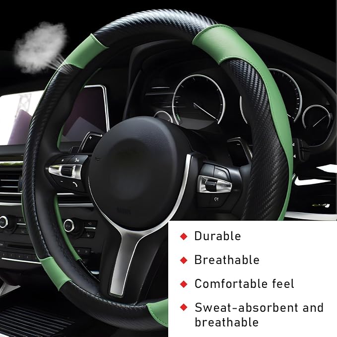 povtii Car Steering Wheel Cover, 15 Inch Leather Breathable Auto Steering Wheel Protector, Comfortable Non-Slip Vehicle Steering Wheel Covers, Universal Car Accessories (Green, with Lining)