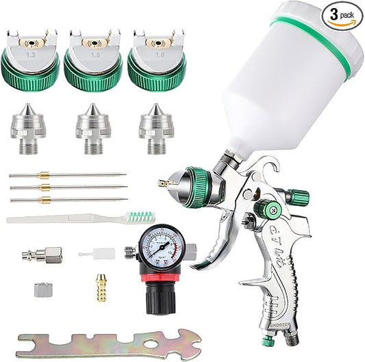 ENDOZER Professional HVLP Spray Gun Set Gravity Feed Air Spray Gun with 1.3, 1.5, 1.8mm Nozzles 20oz 600cc with Gauge for Auto Paint, Primer, Clear/Top Coat & Touch-Up (Not Suitable for Latex Paint)