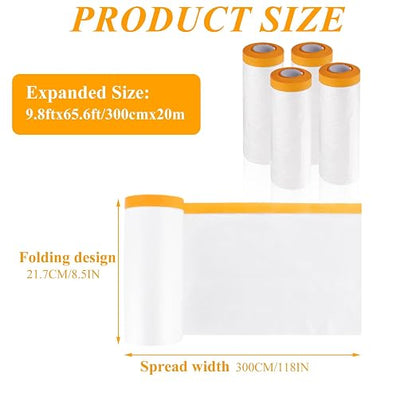 4 Pcs 9.8Ft x 65.6 Ft Plastic Painting Drop Film, Tape and Drape Dust Plastic Drop Cloth, Pre-Taped Masking Film for Automotive Painting Covering