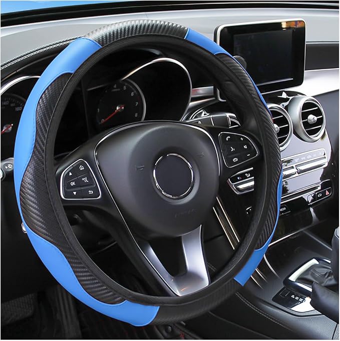 Osilly Car Steering Wheel Cover, 15 inch Carbon Fiber Microfiber PU Leather Elastic Steering Wheel Protector for Men Women, Anti-Slip Breathable Car Interior Accessories for Most Cars (Blue)
