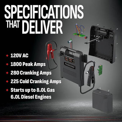 Schumacher Electric Car Battery Jump Starter & Portable Power Station - 1800 Peak Amps - 12V DC Power Outlet - with Overload & Short-Circuit Protection & Jumper Cables - DSR119
