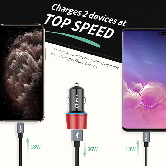 Rapid USB C Car Charger, Compatible for Samsung Galaxy S26/S25 Plus/Ultra/S24/S23/S22/S21/Note 20/S20/S10/S9/A56/A36/A50/A70, Quick Charge 3.0 Dual USB 18W Fast Car Charger+ Type C Cable 3.3ft-Red