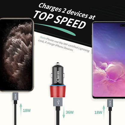 Rapid USB C Car Charger, Compatible for Samsung Galaxy S26/S25 Plus/Ultra/S24/S23/S22/S21/Note 20/S20/S10/S9/A56/A36/A50/A70, Quick Charge 3.0 Dual USB 18W Fast Car Charger+ Type C Cable 3.3ft-Red