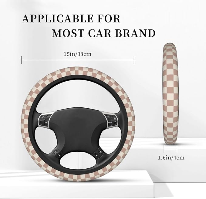 Khaki Checkered Steering Wheel Cover for Women,Universal Auto Steering Wheel 14-15 Inch Car Interior Accessories with 2PCS Car Coasters,Suitable for Men and Women