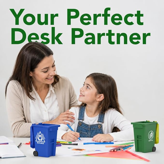 Wiosi Mini Garbage Trash Pen Holder for Desk, Pack of 2, Blue & Green, Tiny Recycle Bin Pencil Holder | Storage for Pencils & Pens | Office Stationery to Organize the Desk | Ideal for Student Work