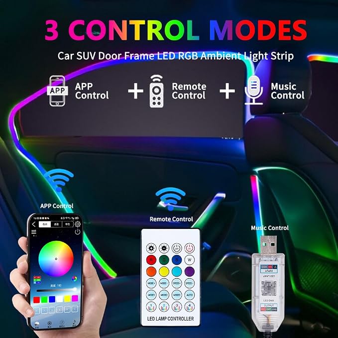 Car SUV Door Frame Ambient Light Lighting, Car Door Ambient Lights LED RGB, Automotive Auto Interior USB Neon Accent Lights Strip Accessories, App Remote Control Music Sync, Acrylic, 2 Pack*9.84ft