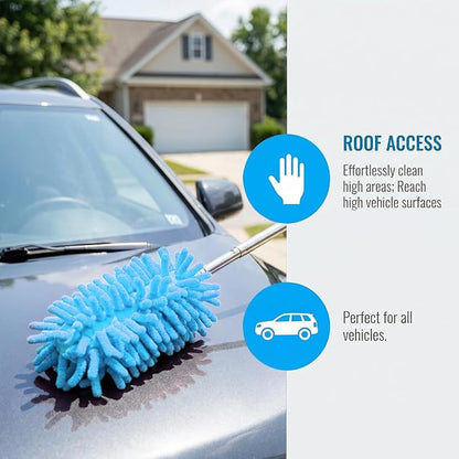 2PCS Car Interior Duster with Extension Pole, 9.45" to 28.35" Microfiber Soft Vehicle Dash Dusting Detailing Wash Brushes, Automotive Dash Cleaning Tool, Universal for SUV RV Truck (Blue)