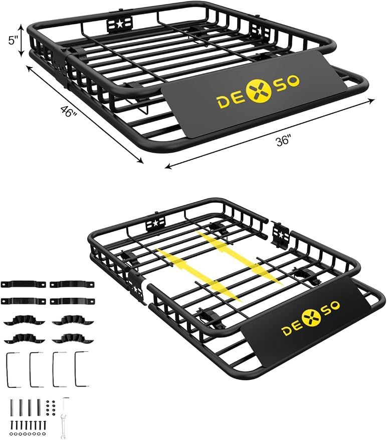 DEXSO Universal Roof Rack Basket with Cargo Net, 46" x 36" Rooftop Cargo Carrier Basket, 200 Lbs Capacity Car Cargo Rack, Heavy Duty Luggage Rack for SUVs, Trucks, Vehicles