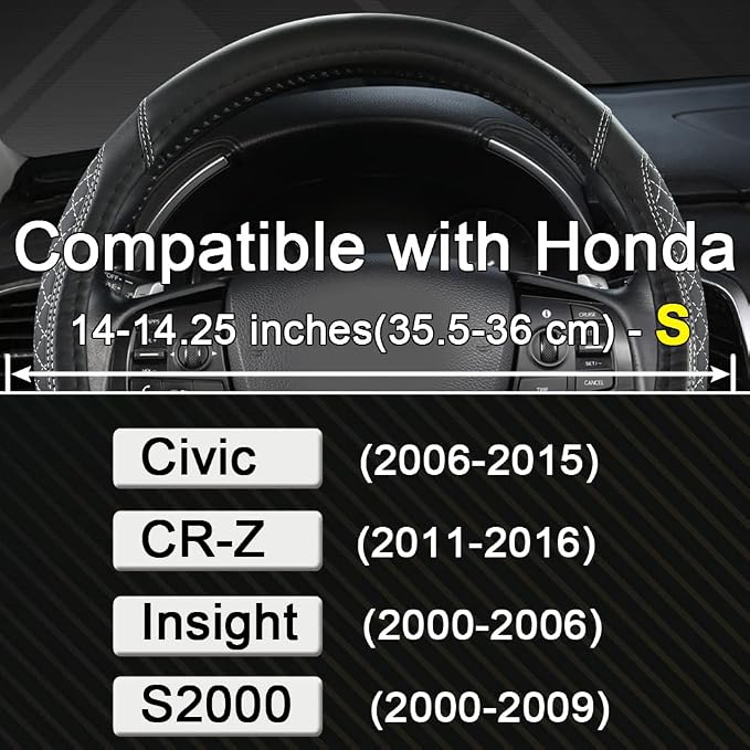 West Llama Customized Auto Car Steering Wheel Cover for Honda Civic, CR-Z, Insight, S2000, 14" - 14.25" (Diamond Quilted-Black+Gray-Small Size)