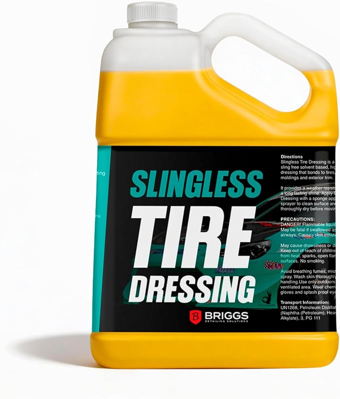 Briggs Slingless Tire Dressing – High Gloss Tire Shine Spray, Sling-Free Wet Look Finish for Tires, Rubber Moldings & Exterior Trim, Solvent-Based Formula – 128oz