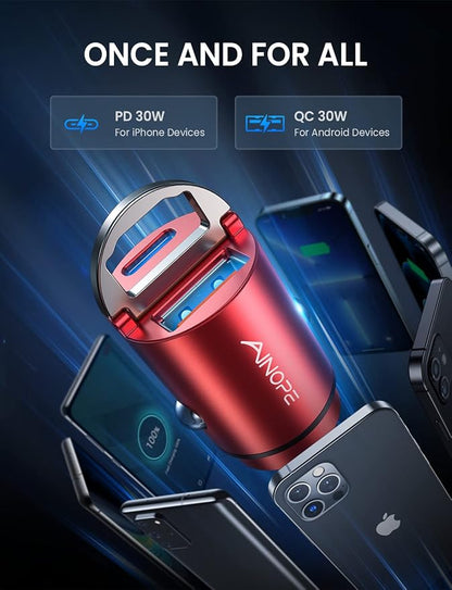 AINOPE USB C Car Charger Adapter, PD36W & QC36W Fast Charging, Mini & All Metal, Compatible with iPhone 17/16/15/14 Pro Max/13 & Samsung Smartphones, Red Kits