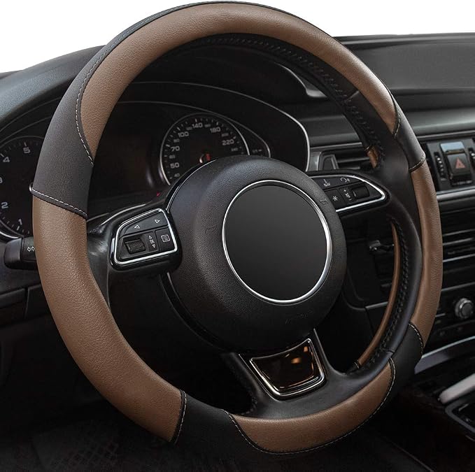 Steering Wheel Covers Black Universal Microfiber Leather, Suitable for 14 1/2-15 inch Car Steering Wheel Cover, Breathable, Anti Slip- Brown