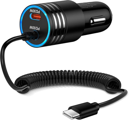 for iPhone 17e 17 Car Charger, 60W USB C Fast Car Adapter with 3FT Built-in Coiled USB C Fast Charging Cable for iPhone 17e 17 Pro Max 17 Pro Air 16e 16 Pro Max 16 Plus 15,Samsung Galaxy S26 A17 A56