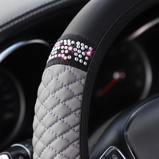 Osilly Bling Car Steering Wheel Cover, 15 Inch Rhinestones Soft Leather Elastic Steering Wheel Protector, Sparkly Crystal Diamond for Women Girls (Gray)