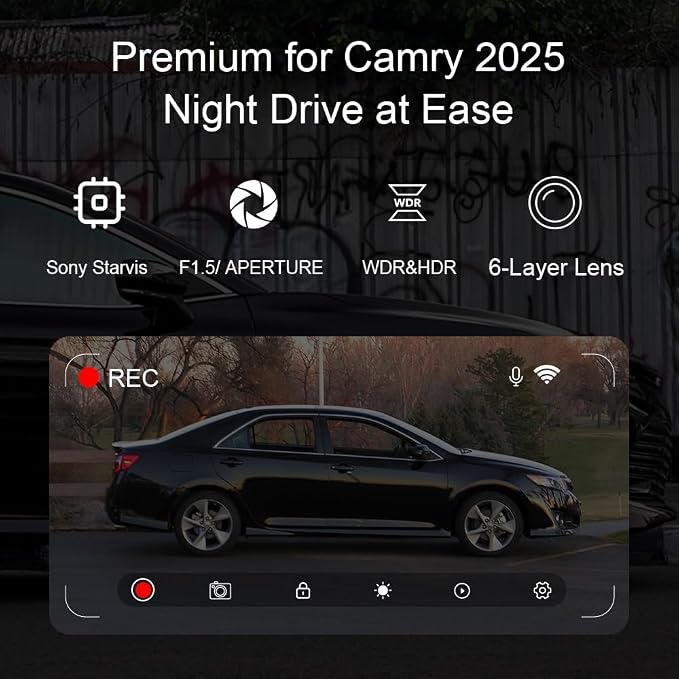 4K Dash Cam Suitable for Toyota Camry 2025-2026 LE SE XLE XSE Nightshade (HD2-06090), OEM Factory Look, UHD 2160P Video, Built-in WiFi & APP, Loop Recording, G-Sensor, Plug & Play, 128GB Card