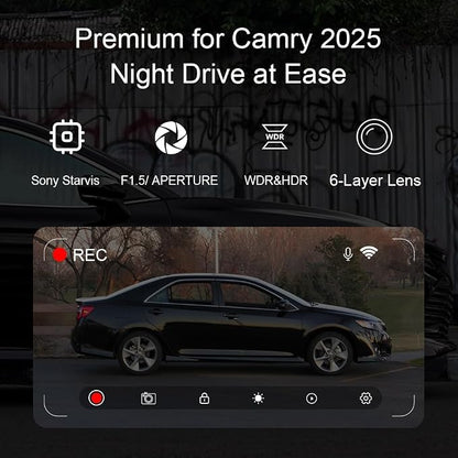 4K Dash Cam Suitable for Toyota Camry 2025-2026 LE SE XLE XSE Nightshade (HD2-06090), OEM Factory Look, UHD 2160P Video, Built-in WiFi & APP, Loop Recording, G-Sensor, Plug & Play, 128GB Card