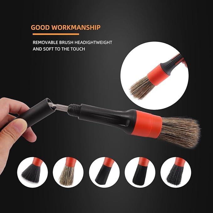 Car Drill Brush, Drill Brush Attachment SPTA 5Pcs Detachable Car Care Detailing Brush Set Soft No Scratch Boar Hair Detail Brush Car Care Detail Brush for Air Vent Automotive Interior Exterior -DF075