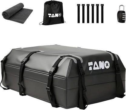 TANX Car Roof Bag - 21 Cubic Feet Rooftop Cargo Carrier, 100% Waterproof for All Cars with/Without Roof Rack, Includes Anti-Slip Mat, 12 Reinforced Straps, 6 Door Hooks, Luggage Lock & Storage Bag