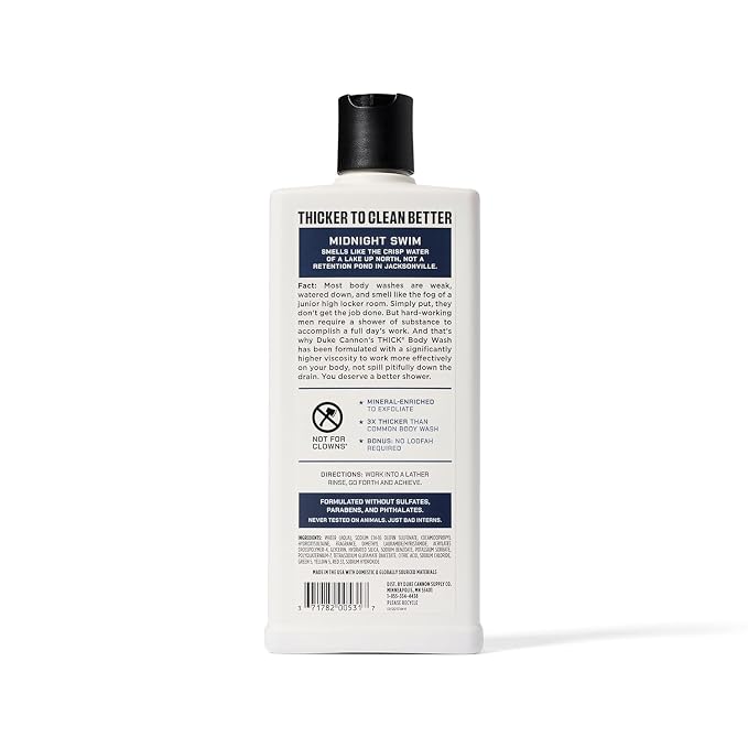 Duke Cannon Supply Co. Thick High Viscosity Body Wash - 3X Thicker, Plant-Based, Mineral-Enriched Body Wash for Men - Sandalwood and Lavender - Mens Body Scrub - Midnight Swim (18 oz) (Pack of 2)