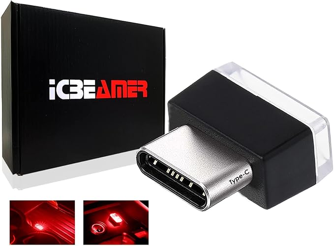 ICBEAMER Type C Adapters Atmosphere Light 1-Pack (Red) | Universal Plug-in Miniature LED Night Light for Car Interior and Trunk Ambient Lighting, Easy Installation, Energy Efficient