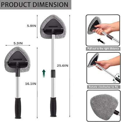 Car Windshield Cleaning Tools, Expandable Car Window Cleaner kit with 4 Reusable Microfiber Pads, Windshield Cleaning Wand Tool, Auto Interior Dust Brush, for Trucks, SUVs, RVs etc