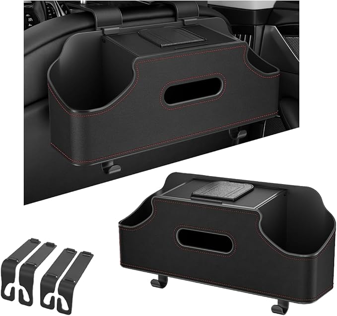 Car Seat Back Organizer, 3-in-1 Vehicle Backseat Storage Box with Cup Holder Tissue Box Trash Bin & Hooks, Multifunctional Auto Interior Headrest Organizer, Universal for SUV RV Truck (Black)