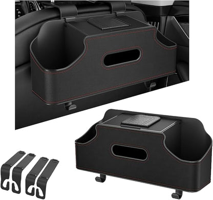 Car Seat Back Organizer, 3-in-1 Vehicle Backseat Storage Box with Cup Holder Tissue Box Trash Bin & Hooks, Multifunctional Auto Interior Headrest Organizer, Universal for SUV RV Truck (Black)