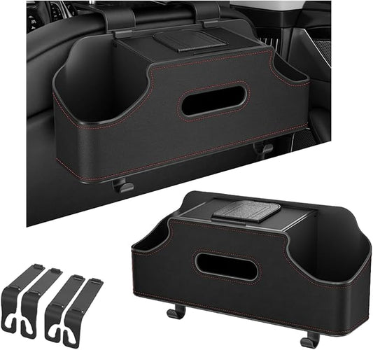 Car Seat Back Organizer, 3-in-1 Vehicle Backseat Storage Box with Cup Holder Tissue Box Trash Bin & Hooks, Multifunctional Auto Interior Headrest Organizer, Universal for SUV RV Truck (Black)