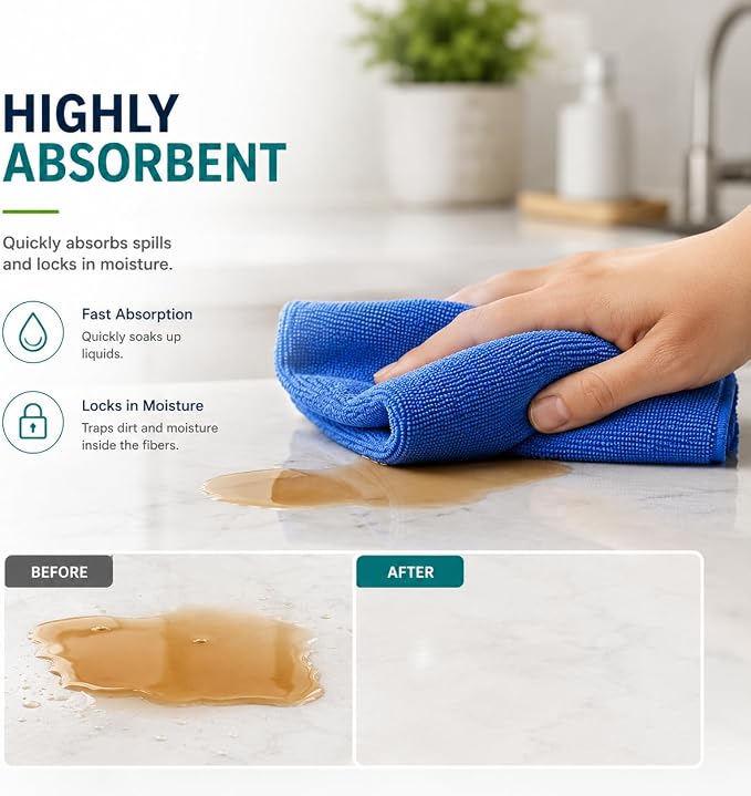 Microfiber Cleaning Cloths 15"x15" – Lint-Free Multi-Surface Household Cleaning Cloths, Highly Absorbent Reusable Microfiber Towels for Kitchen, Glass, Bathroom, Car & Home – 25 Pack