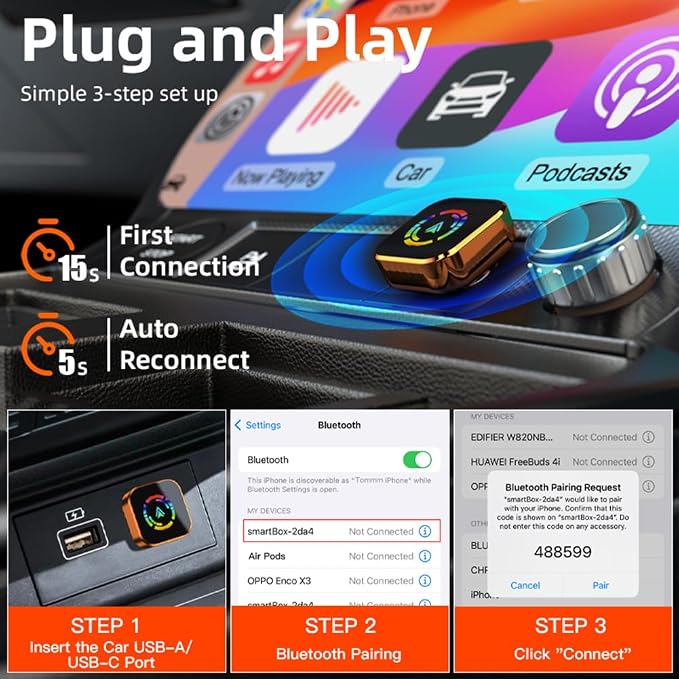2026 Wireless CarPlay Adapter for iPhone No Audio Lag Auto-Connect Plug and Play Convert Factory Wired to Wireless CarPlay Bluetooth 5.2 and 2.4GHz&5.8GHz Wi-Fi Includes USB and Type C (Orange)