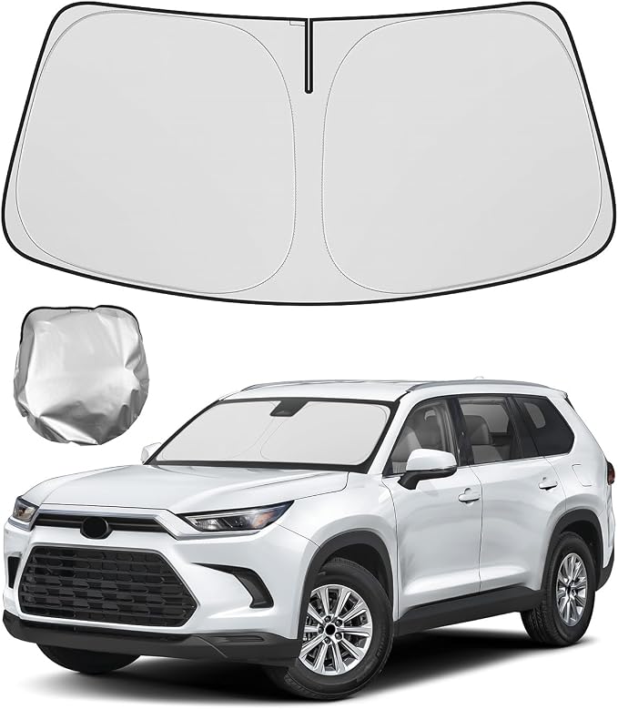 BIBLOZ Windshield Sun Shade Compatible with Toyota Grand Highlander (Not for Hybrid Model) 2024 2025 2026, LE, XLE, Limited, Platinum Accessories PET Sunshade Keeps The Car Cool Inside