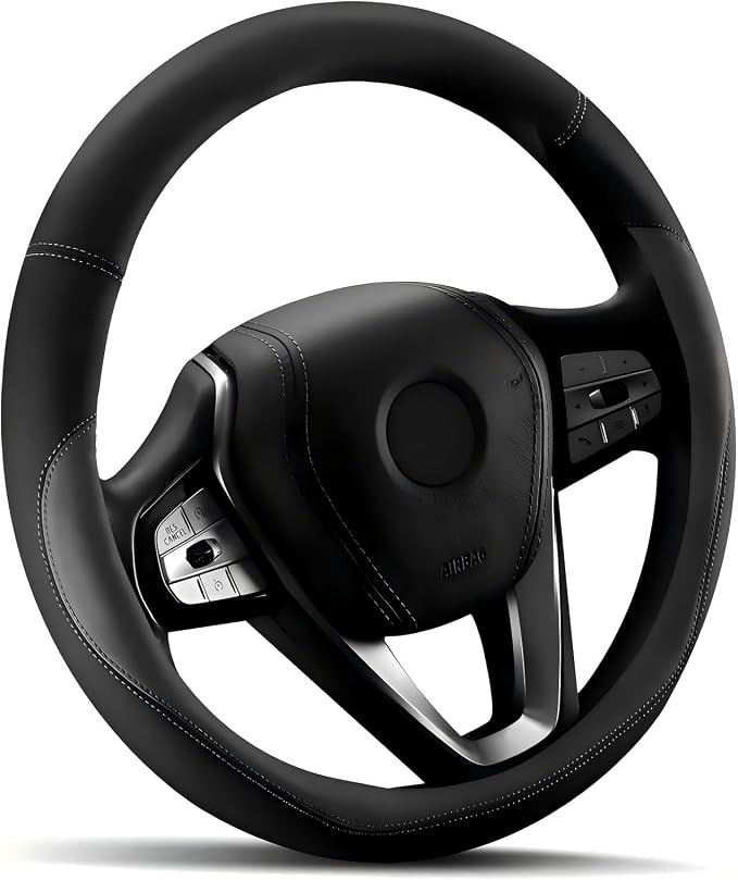 HOTOR Car Steering Wheel Cover - Universal Car Accessory for Diverse Cars, Leather Cover with Anti-Slip Lining, for Steering Wheel with a Diameter of 15.5"-16", Gray