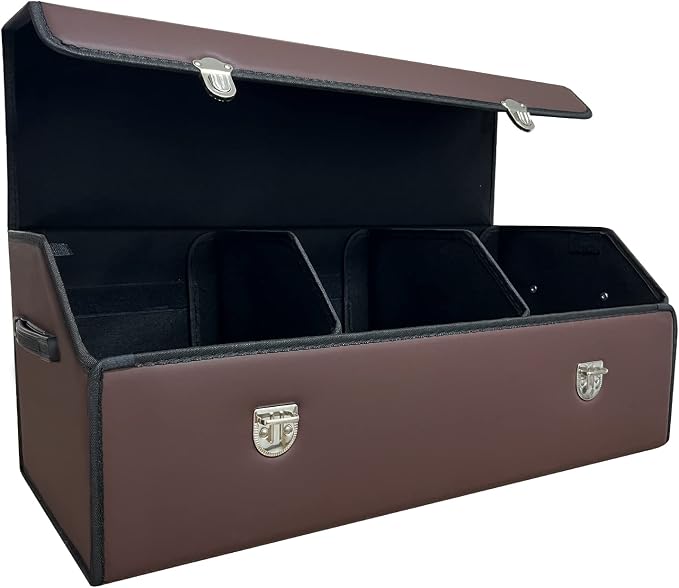 Car Trunk Organizer with Lid,Foldable Faux Leather Cargo Storage Box,3 Compartments,Collapsible Multi-Functional Organizer for SUV,Sedan and Vehicle Trunk