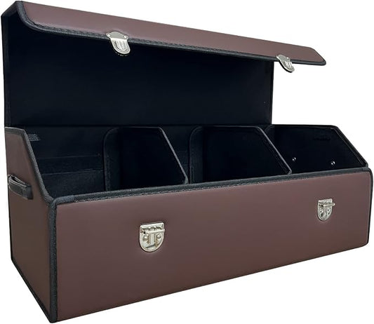 Car Trunk Organizer with Lid,Foldable Faux Leather Cargo Storage Box,3 Compartments,Collapsible Multi-Functional Organizer for SUV,Sedan and Vehicle Trunk