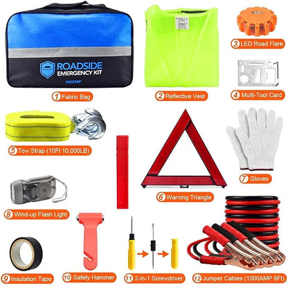 PACETAP Car Roadside Emergency Kit, Essential Auto Safety Road Side Assistance Tool Kit with Jumper Cables, Towing Rope, Triangle and More Winter Vehicle Accessories