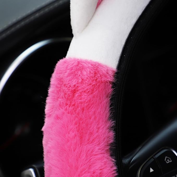 Bittwee Car Steering Wheel Cover, Fluffy Soft Plush for Winter Warm, Cute Steering Wheel Protector with Kitty Cat Ears, Universal 15 Inch, Elastic & Anti-Slip, Lovely Decor Car Accessories (Rose Red)