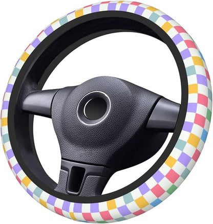 Checkered Steering Wheel Cover for Women,Universal Auto Steering Wheel 14-15 Inch Car Interior Accessories with 2PCS Car Coasters,Suitable for Men and Women