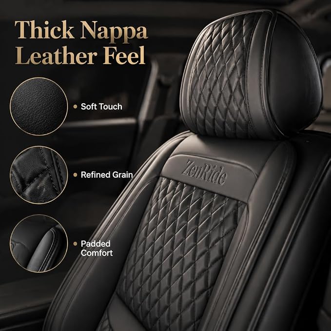 Front Car Seat Covers Set of 2,Universal Precision Fit 3D Contoured Automotive Nappa Leather Seat Covers for SUV Truck Sedan,Anti-Slip Seat Cover with Lumbar Support Style2 Black