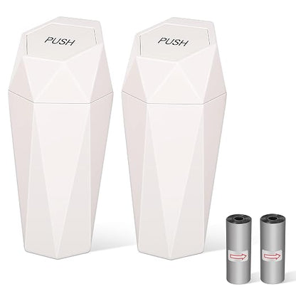 Car Trash Can with Lid, Mini Car Trash Cup with 30 Additional Trash Bags, Car Accessories for Interior, Leakproof Vehicle Garbage Bin for Car, Home, Office - 2 Packs, Beige